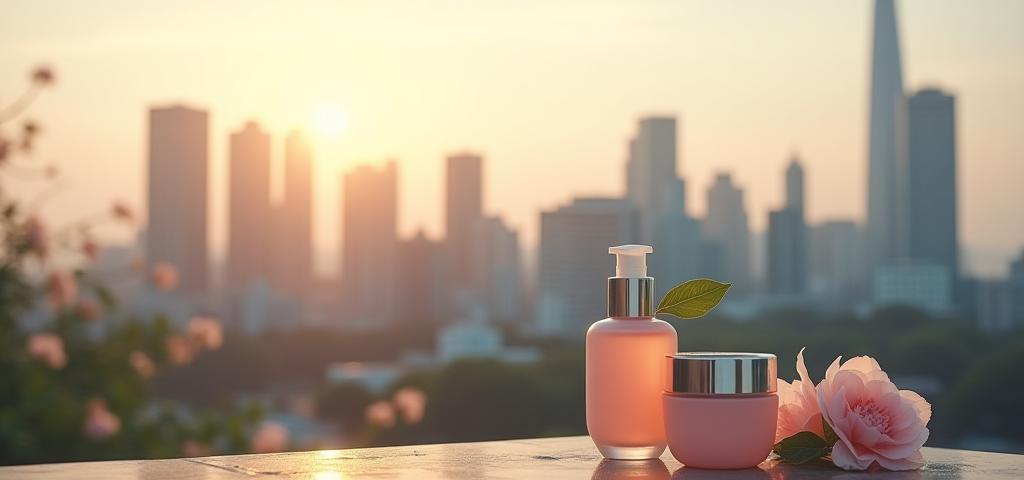 Seoul cityscape with handmade cosmetics products